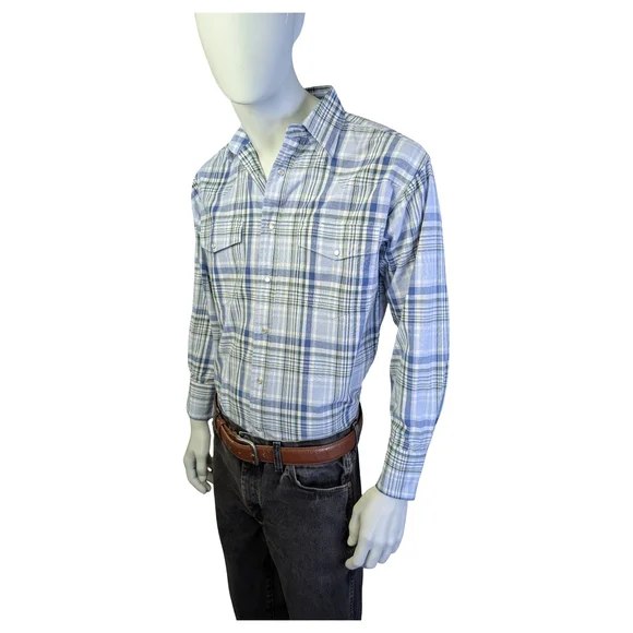 Wrangler Plaid Pearl Snap Western Shirt Blue Green Cowboy Ranchwear | Size Large - Picture 3 of 7